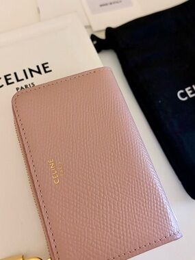 Authentic CELINE wallet-Pink Calf Leather Zip Card Wallet w/ Gold Hardware-NEW